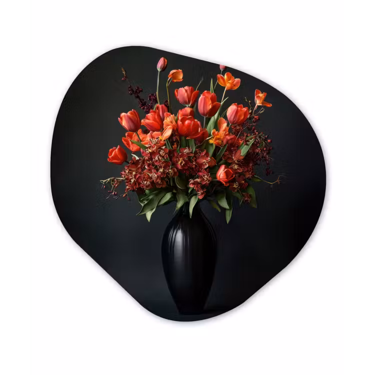 Boeket - Tulpen - Vaas - Rood Wandcirkel Organisch Plexiglas middel -3d