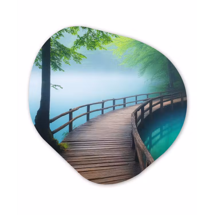 Brug - Water - Rivier - Bos Wandcirkel Organisch Plexiglas middel -3d
