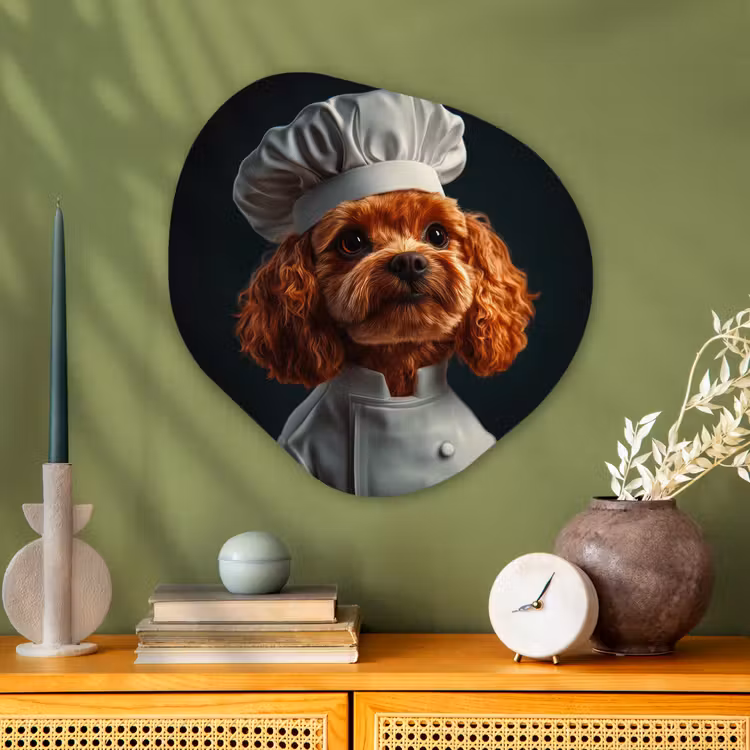 Bruin - Kok - Hondje Wandcirkel Organisch Plexiglas middel -sfeer2