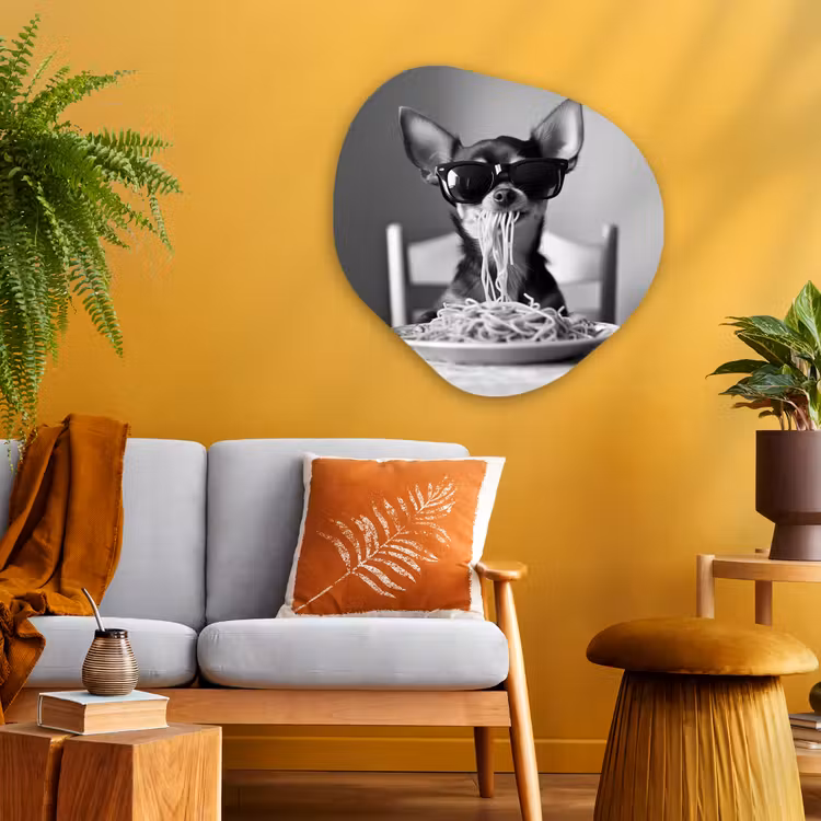 Chihuahua - Hond - Zonnebril - Humoristisch - Zwart - Wit - Spaghetti Wandcirkel Organisch Plexiglas middel -sfeer4