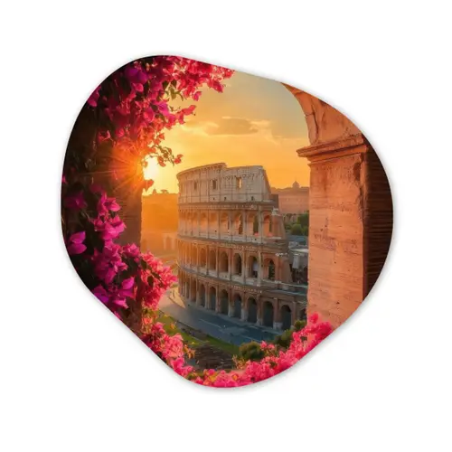 Colosseum - Rome - Roze Bloemen Wandcirkel Organisch Plexiglas middel -3d
