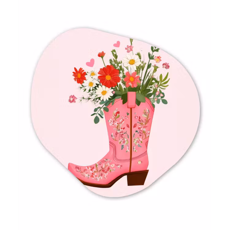 Cowboylaarzen - Roze - Boeket - Bloemen Wandcirkel Organisch Plexiglas middel -3d