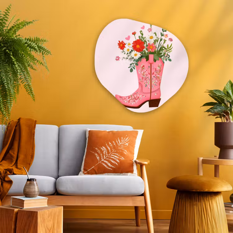 Cowboylaarzen - Roze - Boeket - Bloemen Wandcirkel Organisch Plexiglas middel -sfeer4