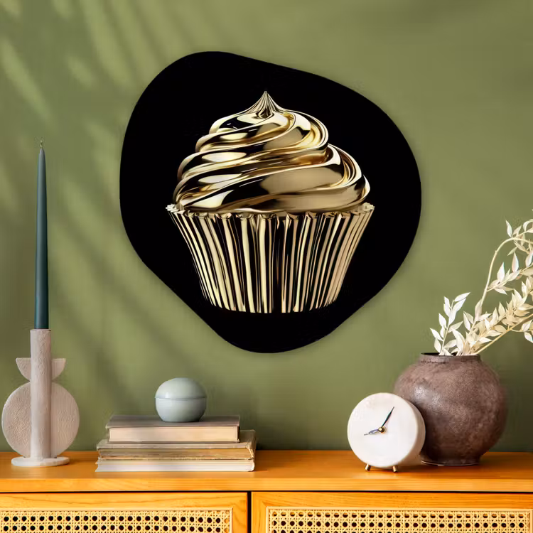 Cupcake - Eten - Goud - Zwart Wandcirkel Organisch Plexiglas middel -sfeer2