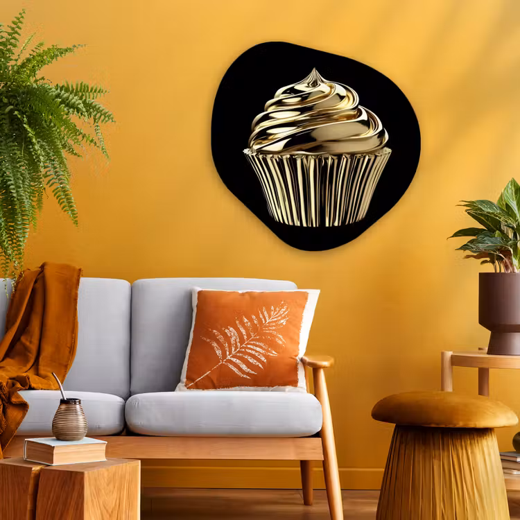 Cupcake - Eten - Goud - Zwart Wandcirkel Organisch Plexiglas middel -sfeer4