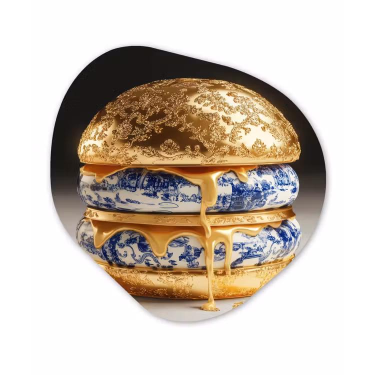 Delftsblauw - Goud - Burger Wandcirkel Organisch Plexiglas middel -3d