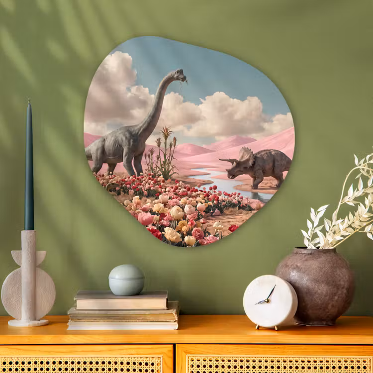 Organisch schilderij glas - Dinosaurus - Roze - Landschap - Dinosaurus - Roze - Landschap Wandcirkel Organisch Plexiglas middel