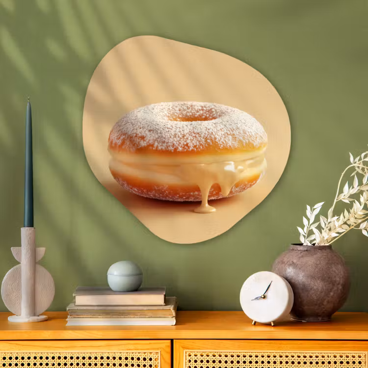 Donut - Romig - Poedersuiker - Beige Wandcirkel Organisch Plexiglas middel -sfeer2