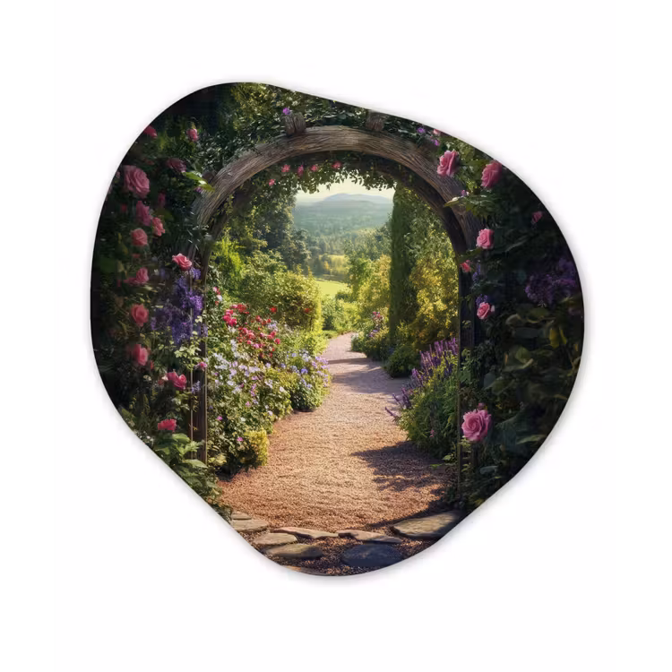 Doorkijk - Bloemen - Natuur - Rozenboog Wandcirkel Organisch Plexiglas middel -3d