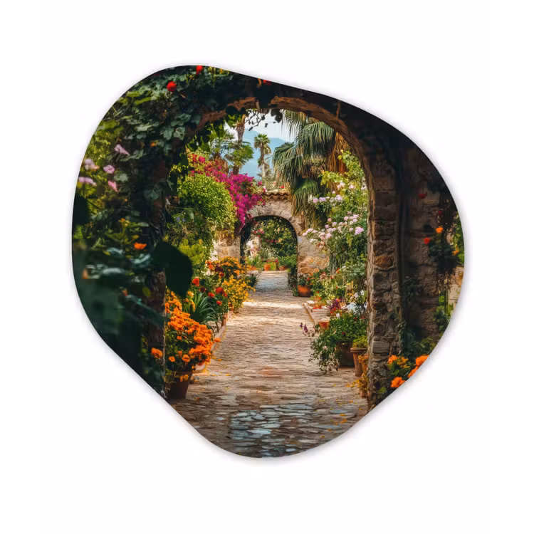 Doorkijk - Bloemen - Poort - Stenen Wandcirkel Organisch Plexiglas middel -3d