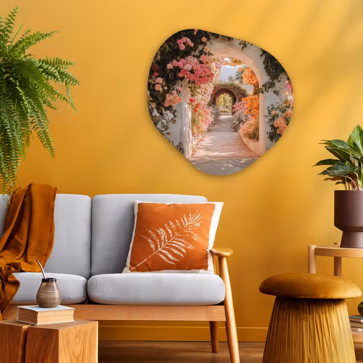 Doorkijk - Boog - Bloemen - Pastel Wandcirkel Organisch Plexiglas middel -sfeer4