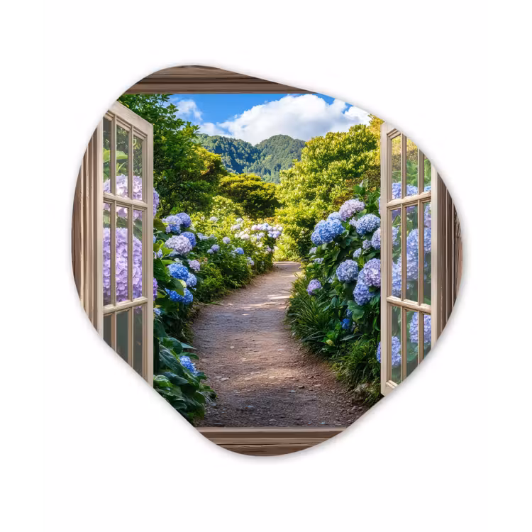 Doorkijk - Hortensia - Pad - Natuur Wandcirkel Organisch Plexiglas middel -3d