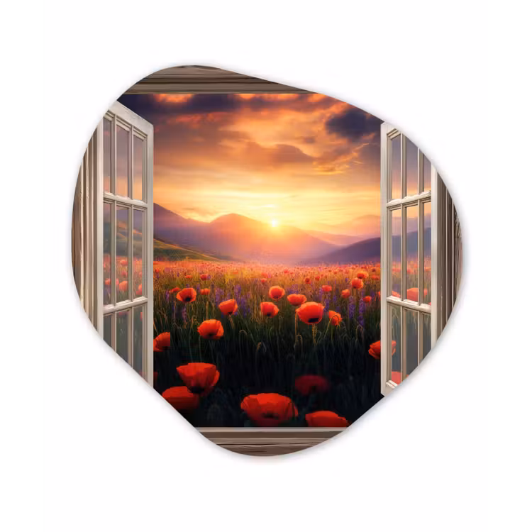 Doorkijk - Klaprozen - Bloemen - Rood - Open raam Wandcirkel Organisch Plexiglas middel -3d