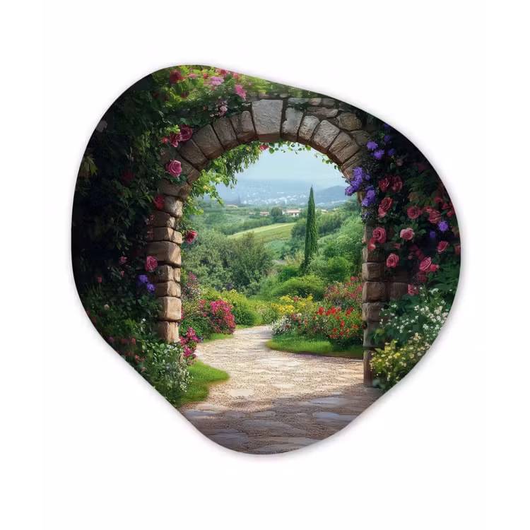 Doorkijk - Landschap - Bloemen - Pad - Uitzicht Wandcirkel Organisch Plexiglas middel -3d