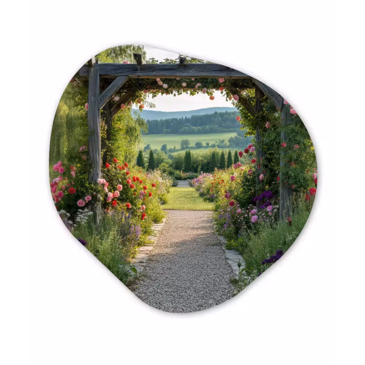 Doorkijk - Landschap - Natuur - Tuinboog - Bloemen Wandcirkel Organisch Plexiglas middel -3d