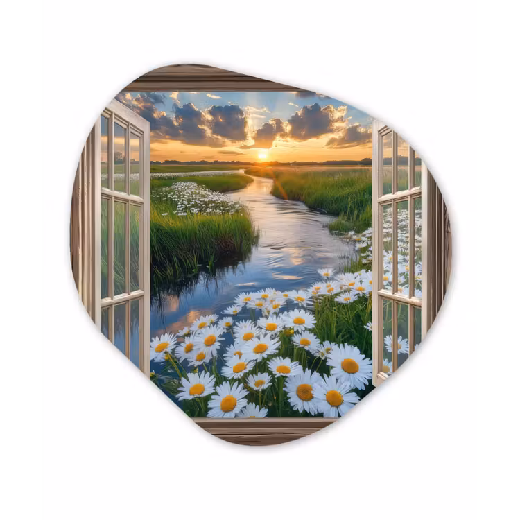 Doorkijk - Landschap - Raam - Water - Zonsondergang Wandcirkel Organisch Plexiglas middel -3d
