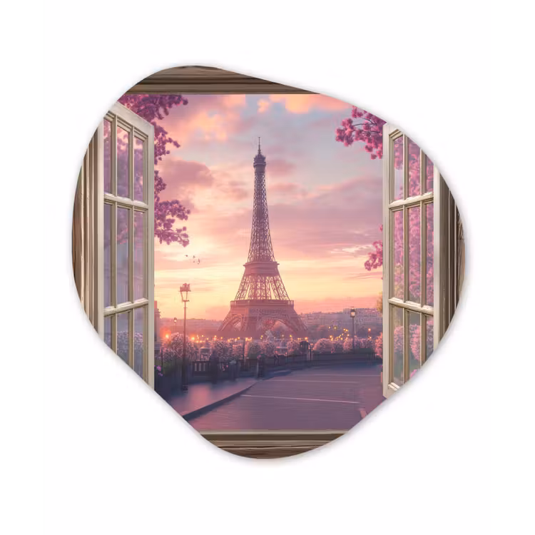 Doorkijk - Parijs - Eiffeltoren - Roze - Kersenbloesem Wandcirkel Organisch Plexiglas middel -3d