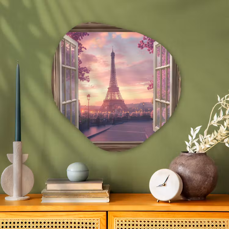 Doorkijk - Parijs - Eiffeltoren - Roze - Kersenbloesem Wandcirkel Organisch Plexiglas middel -sfeer2