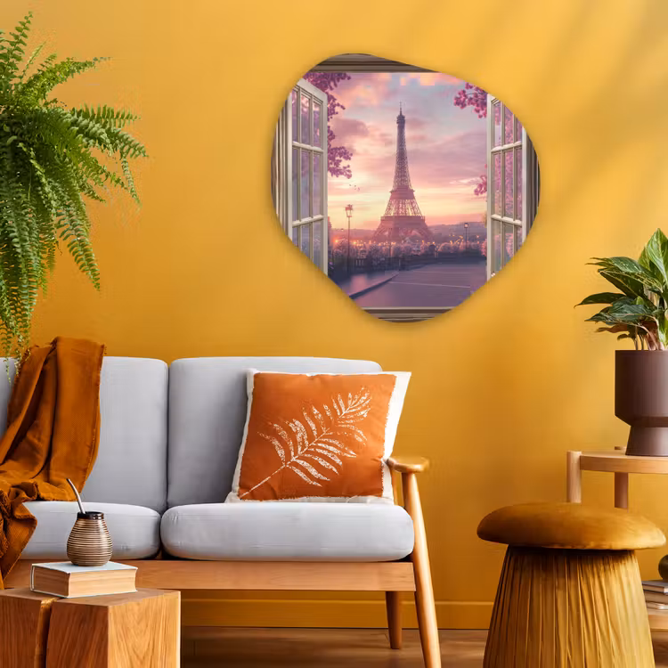 Doorkijk - Parijs - Eiffeltoren - Roze - Kersenbloesem Wandcirkel Organisch Plexiglas middel -sfeer4