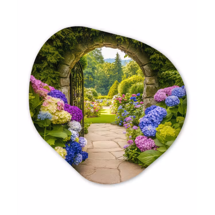 Doorkijk - Poort - Hortensia - Bloementuin Wandcirkel Organisch Plexiglas middel -3d