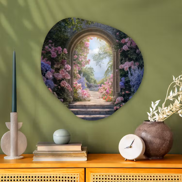 Doorkijk - Rozen - Vintage - Bloemen Wandcirkel Organisch Plexiglas middel -sfeer2