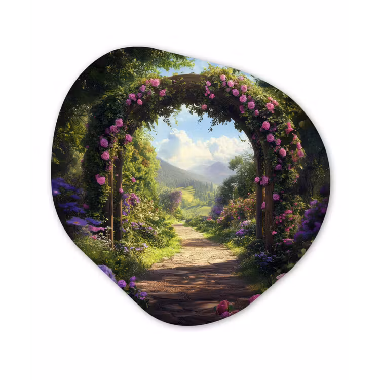 Doorkijk - Rozenboog - Uitzicht - Landschap - Bloemen Wandcirkel Organisch Plexiglas middel -3d