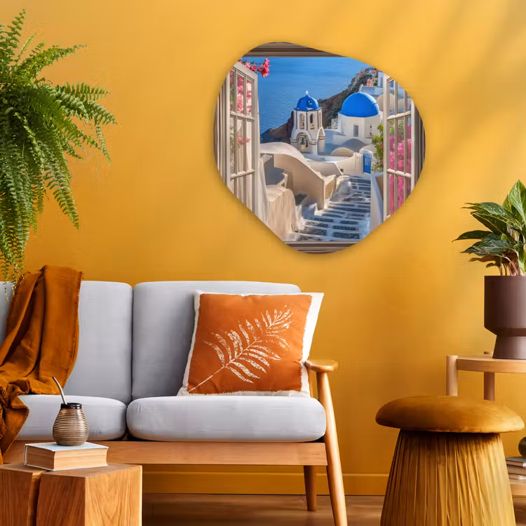 Doorkijk - Santorini - Landschap - Blauw - Grieks Wandcirkel Organisch Plexiglas middel -sfeer4