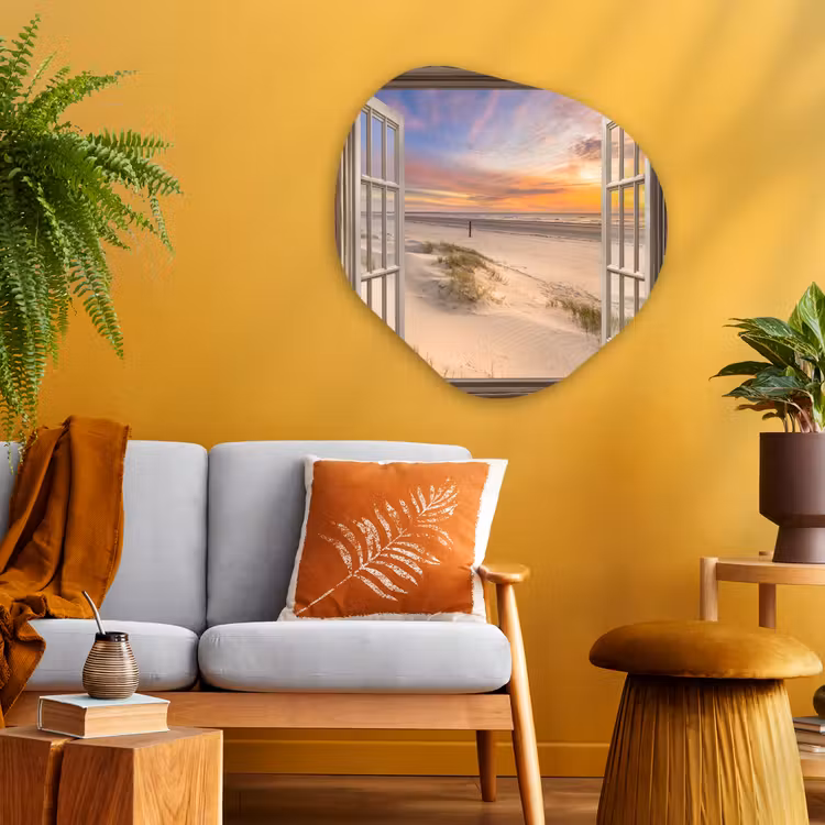 Doorkijk - Strand - Duinen - Natuur - Landschap Wandcirkel Organisch Plexiglas middel -sfeer4