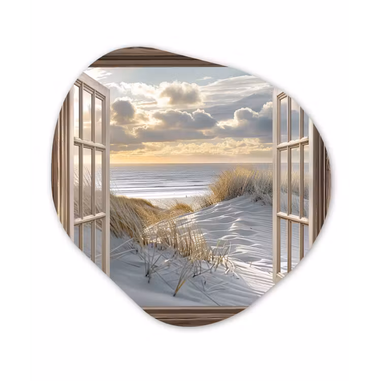 Doorkijk - Strand - Duinen - Zee - Natuur Wandcirkel Organisch Plexiglas middel -3d