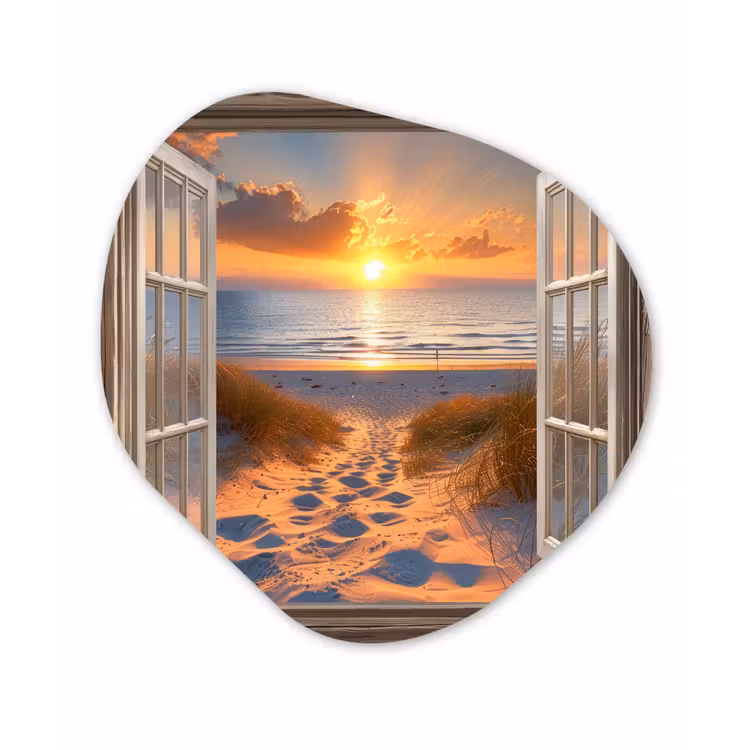 Doorkijk - Strand - Duinen - Zonsondergang Wandcirkel Organisch Plexiglas middel -3d