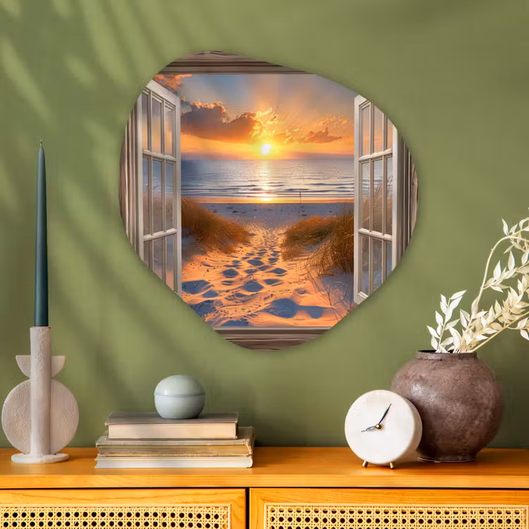 Doorkijk - Strand - Duinen - Zonsondergang Wandcirkel Organisch Plexiglas middel -sfeer2