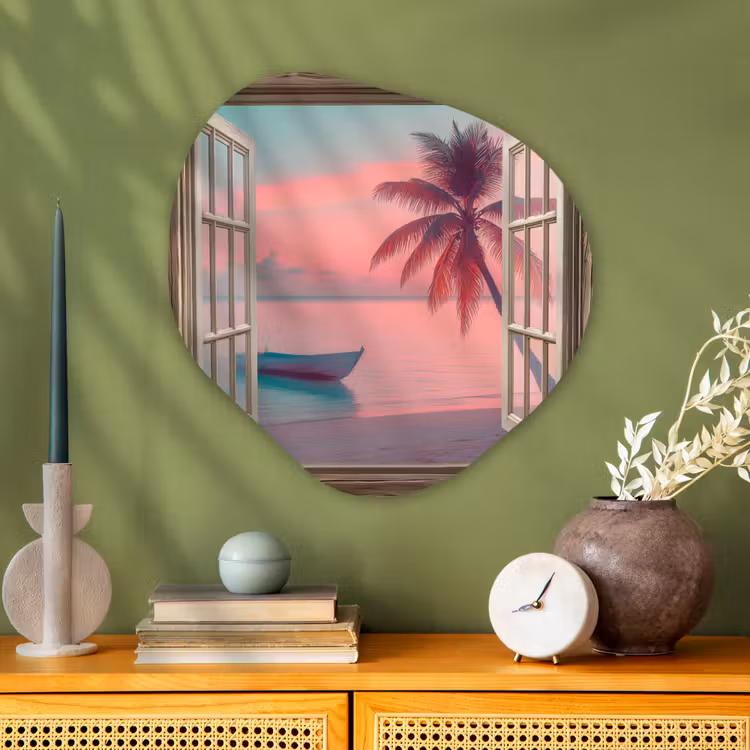 Doorkijk - Strand - Palmboom - Tropisch Wandcirkel Organisch Plexiglas middel -sfeer2
