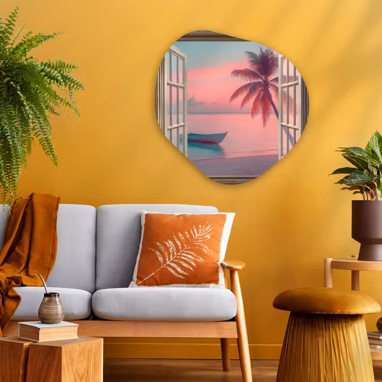 Doorkijk - Strand - Palmboom - Tropisch Wandcirkel Organisch Plexiglas middel -sfeer4