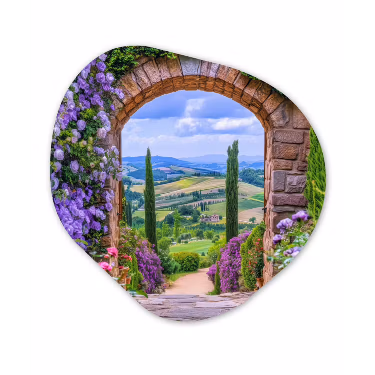 Doorkijk - Toscane - Landschap - Poort Wandcirkel Organisch Plexiglas middel -3d