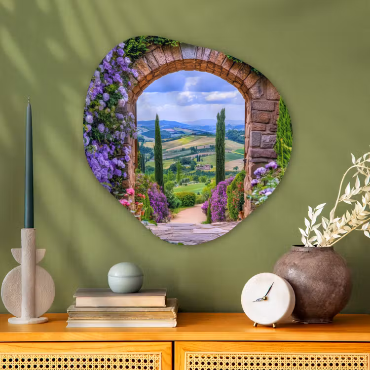 Doorkijk - Toscane - Landschap - Poort Wandcirkel Organisch Plexiglas middel -sfeer2