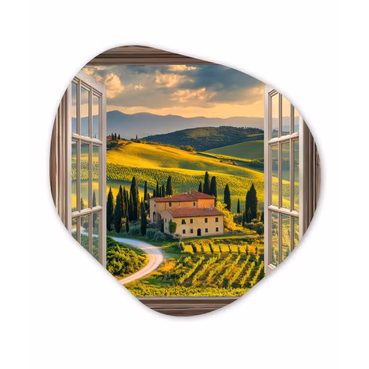 Doorkijk - Toscane - Uitzicht - Landschap - Zomer Wandcirkel Organisch Plexiglas middel -3d