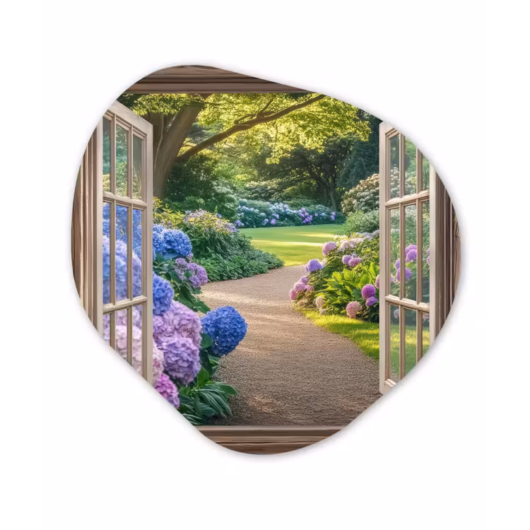 Doorkijk - Tuin - Raam - Hortensia - Bloemen Wandcirkel Organisch Plexiglas middel -3d