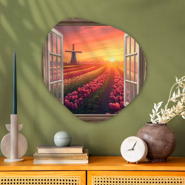 Doorkijk - Tulpen - Zonsondergang - Bloemen - Kleurrijk Wandcirkel Organisch Plexiglas middel -sfeer2