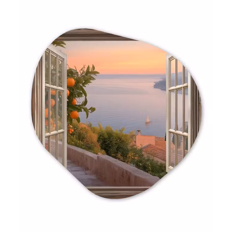 Doorkijk - Uitzicht - Meer - Landschap Wandcirkel Organisch Plexiglas middel -3d