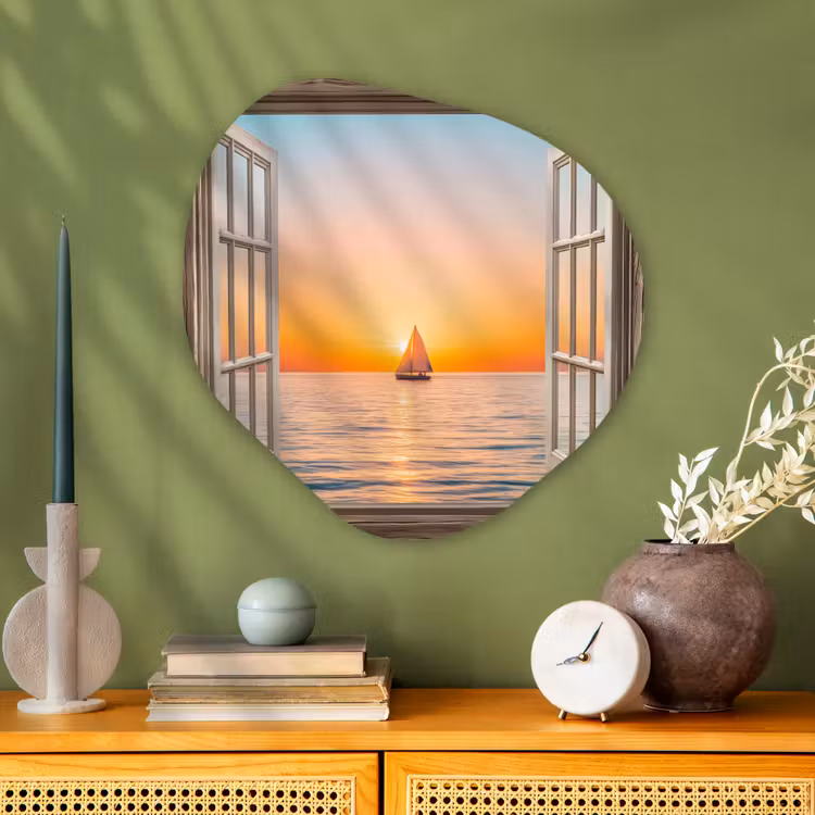 Doorkijk - Zee - Boot - Zonsondergang Wandcirkel Organisch Plexiglas middel -sfeer2