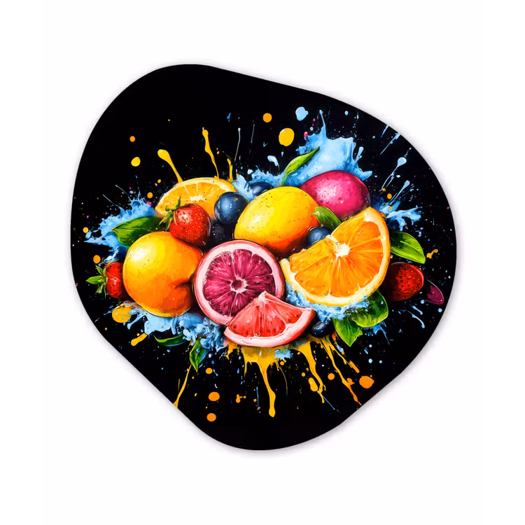 Fruit - Graffiti - Kleurrijk - Sinaasappel - Aardbei - Abstract Wandcirkel Organisch Plexiglas middel -3d
