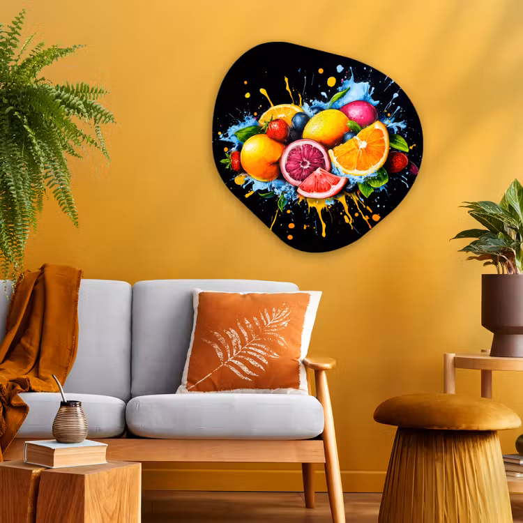 Fruit - Graffiti - Kleurrijk - Sinaasappel - Aardbei - Abstract Wandcirkel Organisch Plexiglas middel -sfeer4