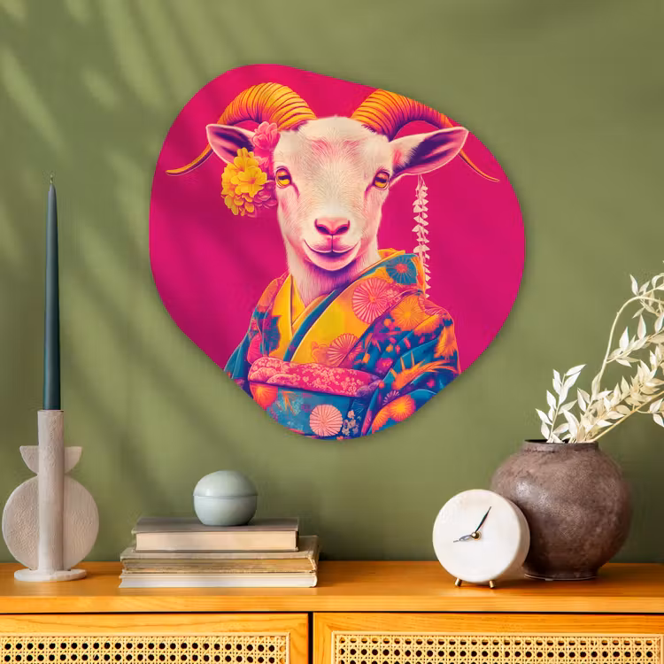 Geit - Hoorns - Kimono - Kleurrijk Wandcirkel Organisch Plexiglas middel -sfeer2