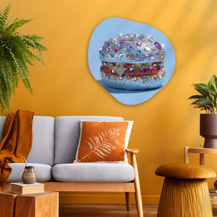 Glitters - Hamburger - Blauw Wandcirkel Organisch Plexiglas middel -sfeer4