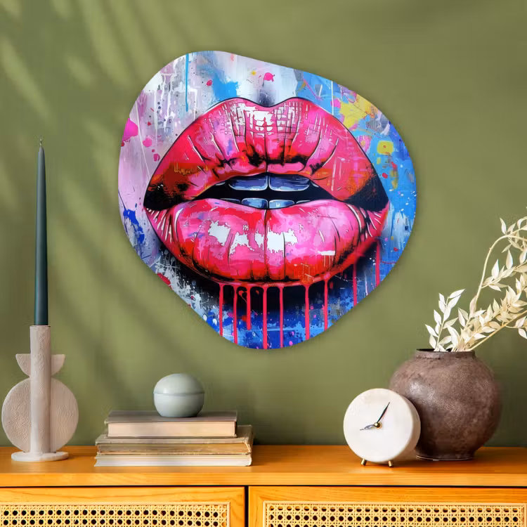 Graffiti - Lippen - Felroze - Geschilderd Wandcirkel Organisch Plexiglas middel -sfeer2