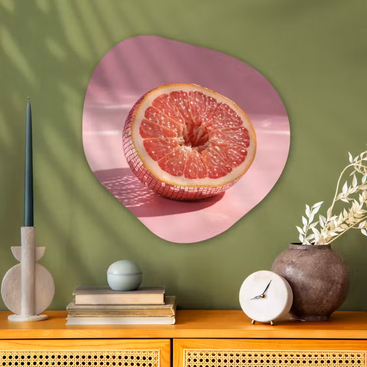 Grapefruit - Roze - Disco - Shiny Wandcirkel Organisch Plexiglas middel -sfeer2