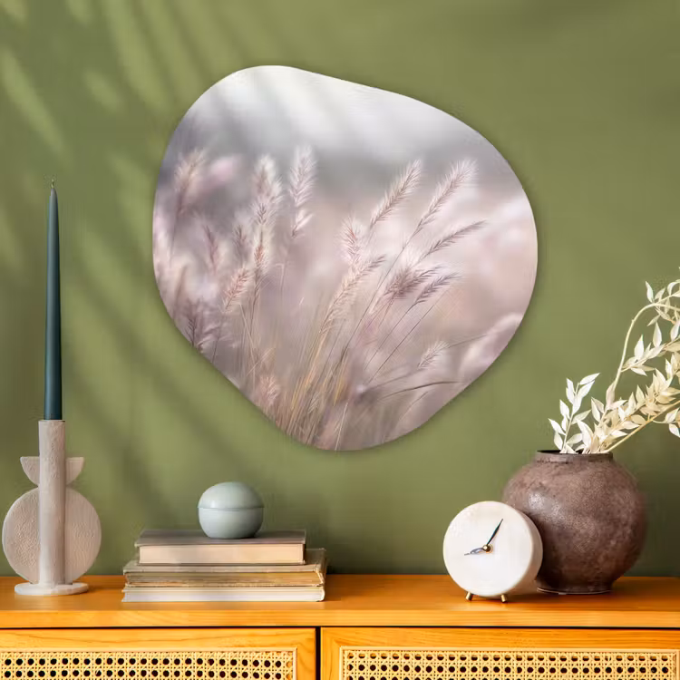 Graspluimen - Wind - Beige - Mistig Wandcirkel Organisch Plexiglas middel -sfeer2