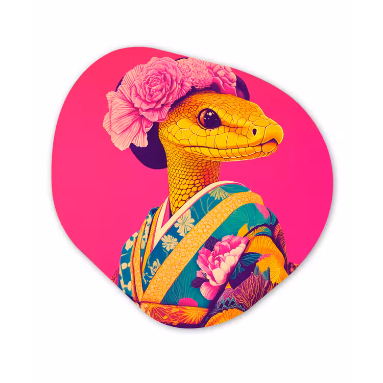 Hagedis - Bloemen - Roze - Kimono Wandcirkel Organisch Plexiglas middel -3d
