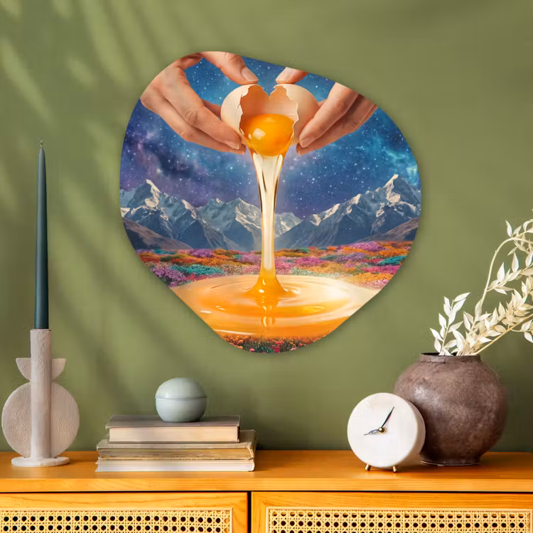 Organisch schilderij glas - Handen - Ei - Surrealisme - Handen - Ei - Surrealisme Wandcirkel Organisch Plexiglas middel