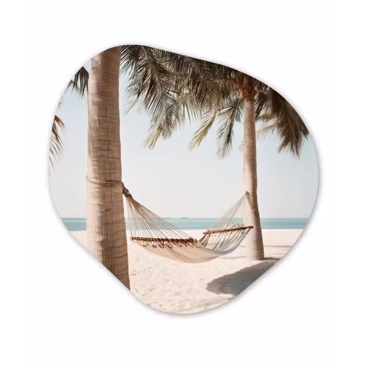 Hangmat - Palmbomen - Strand - Zee Wandcirkel Organisch Plexiglas middel -3d